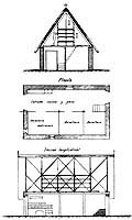 Planta, alzado y sección de una barraca con "passadis" / Alquería del Magistre in Alboraia with pergola ‘porch’ in front