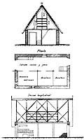 Planta, alzado y seccin de una barraca con "passadis" / Alquera del Magistre in Alboraia with pergola porch in front