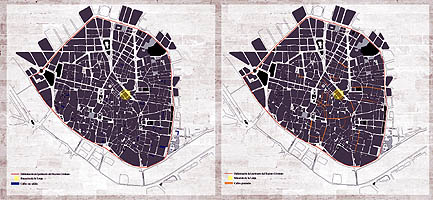 En el ao 718, los musulmanes ocuparon Valencia. Las exploraciones arqueolgicas han determinado el recorrido "valladar" rabe en el entorno de la Lonja. / In 718 the Muslims occupied Valencia. Archaeological digs have discovered the layout of the Moorish walls in the neighbourhood of the Lonja.