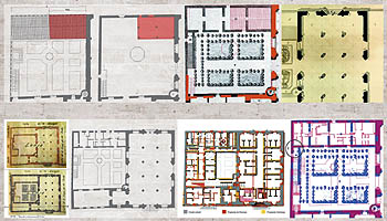 La gnesis de las dependencias del Huerto de los Naranjos datan del s. XVIII. Diversas imgenes nos muestran su evolucin, as como la superposicin con las plantas de los ingenieros Montaigu y Desnaux. / The first outbuildings in the Orange Grove date from the 18th century. Various pictures show how they evolved and Montaigu and Desnauxs plans superimposed on them