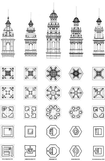 Pster elaborado para la defensa de la Tesis Doctoral JOS MNGUEZ, ARQUITECTO DEL S. XVIII; UN MODELO DE CAMPANARIO, con composicin de los dibujos de levantamiento tipolgico de los cinco campanarios modlicos del maestro Mnguez / Bell-tower of Nuestra Seora de la Misericordia, Campanar, 1746-1757