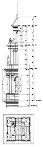 Anlisis de trazado, proporcin y modulacin del campanario de la Misericordia de Campanar, extrado de la documentacin grfica de la Tesis Doctoral e incluido en el Libro como lmina X / Detail of the top of the bell-tower of San Valero, Ruzafa, 1736-1740