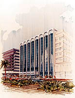 Edificio de Oficinas y Viviendas (CAM). 1988. Perspectiva de Juan Sanchis/Office and housing block (CAM). 1988. Perspective drawing by Juan Sanchis