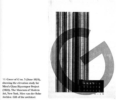 Portada del n 5 de "G" (junio 1924) Mostrando el alzado del  proyecto para el Rascacielos de Cristal de Mies van der  Rohe (1922)/ Cover of G no. 5 (June 1924), showing the elevation study fon Mies's glass Skyscraper Project (1922)