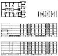 Grupo Antonio Rueda de 1002 viviendas tipo social, Valencia. Planta y alzados bloque 8 plantas/Antonio Rueda complex of 1002 social housing type flats, Valencia. Floor plan and elevations of 8-storey block